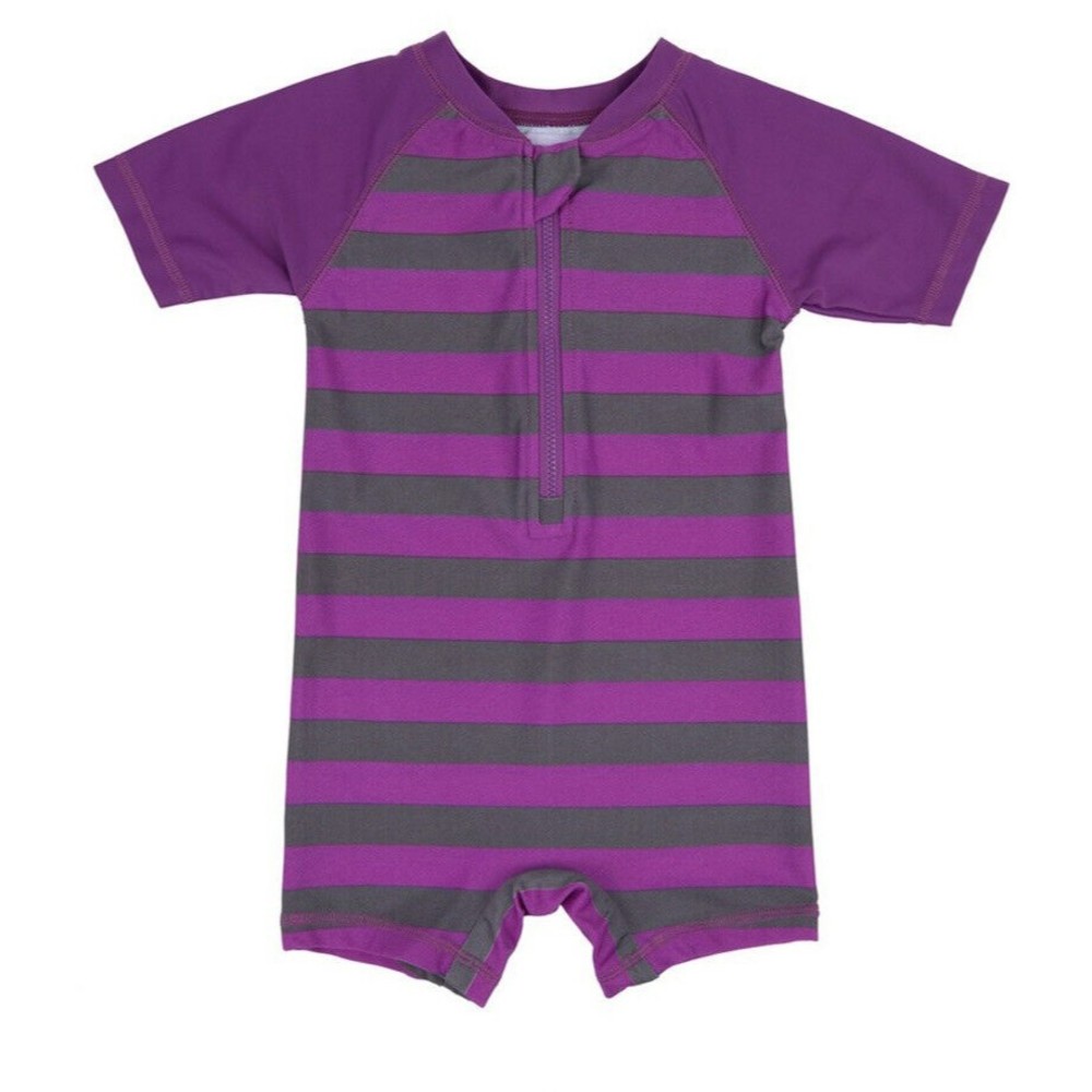New Leveret Purple Gray Stripe Zip Front Raglan One-Piece Rashguard Baby 3-6 Mo